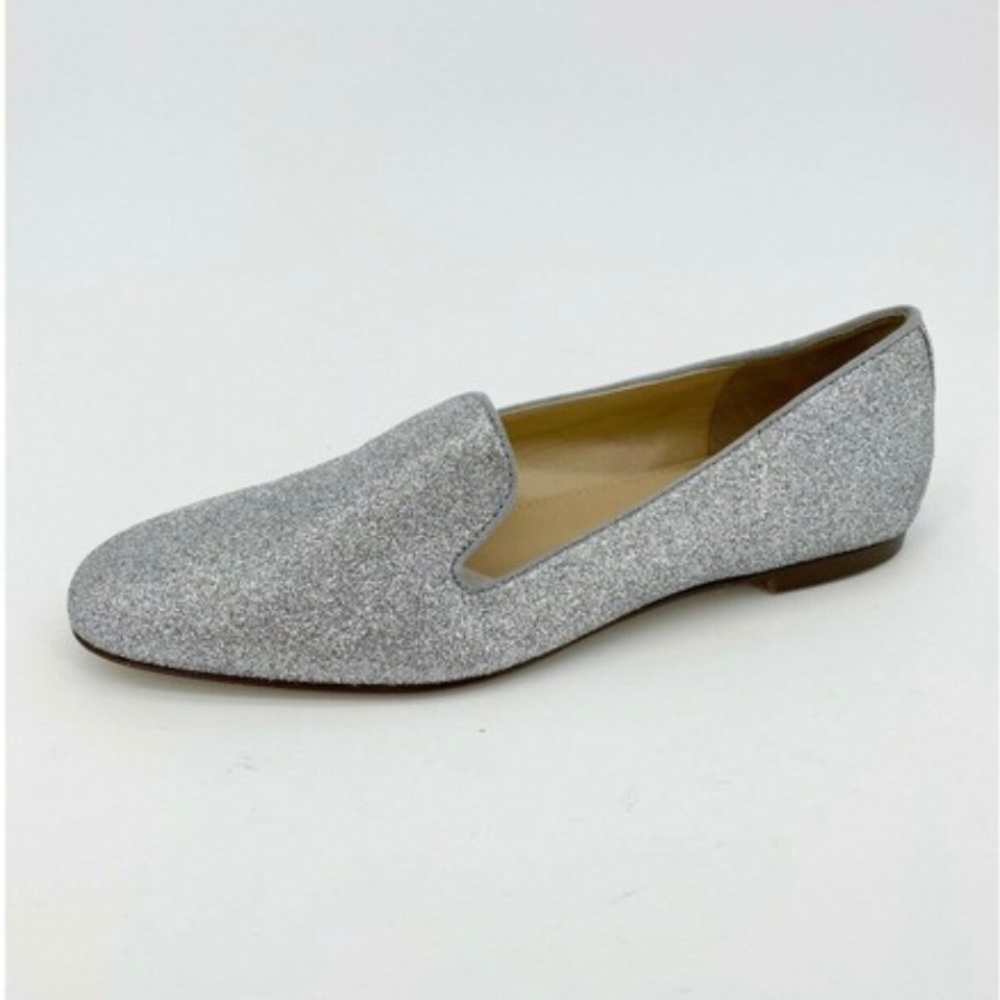 J.Crew Cotton Glitter Smoking Slippers Silver Loafers Slip On Flat Heel Size 6